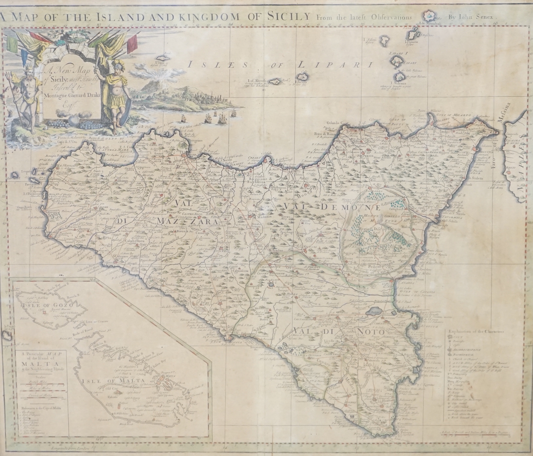 John Senex (1678-1740), hand coloured map of the Island and Kingdom of Sicily, 51 x 59cm